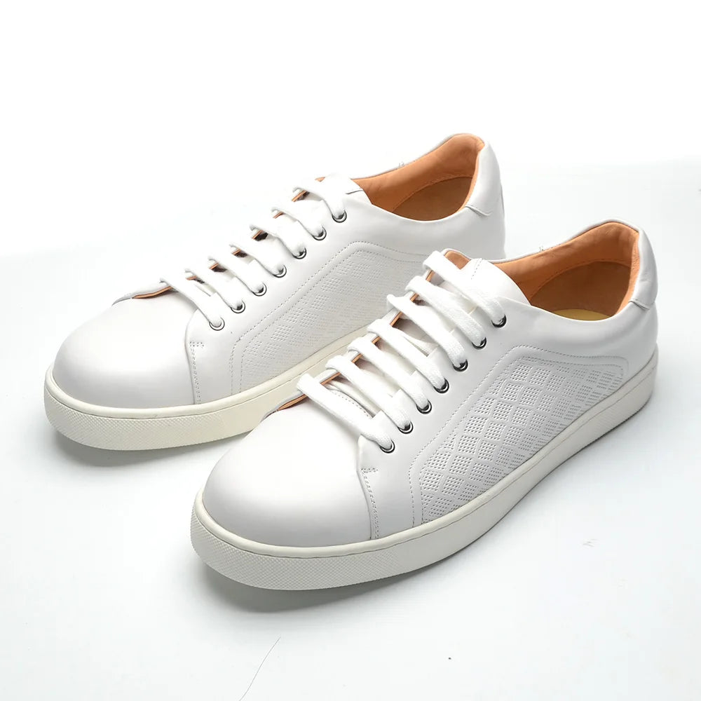 Luxury Designer Men's Genuine Leather Skateboard Sneakers | Classic Black, White & Brown Lace-Up Casual Oxfords Luxegan