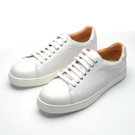 Luxury Designer Men's Genuine Leather Skateboard Sneakers | Classic Black, White & Brown Lace-Up Casual Oxfords Luxegan