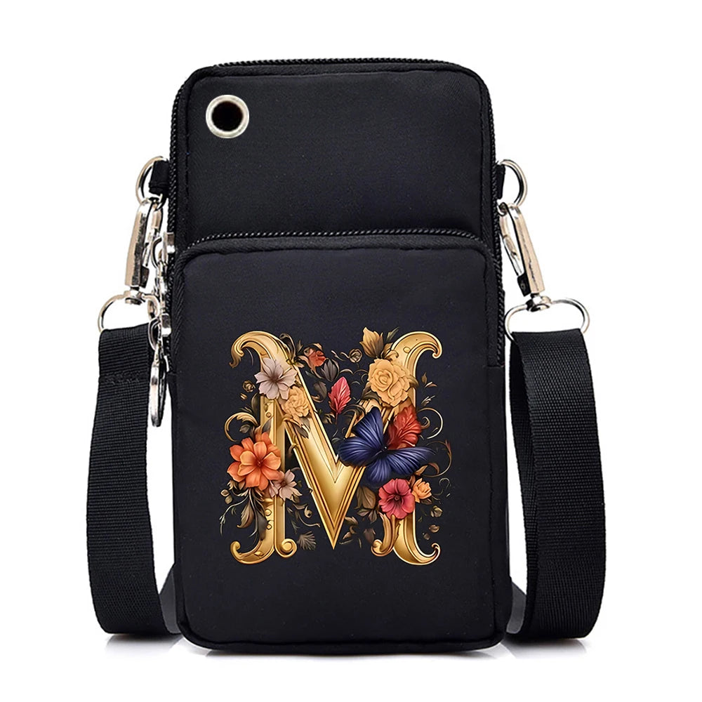 Women’s Small Crossbody Mobile Phone Bag | Sophisticated Vintage Flower & Alphabet Purse | Elegant Mini Messenger with Soft Leather Strap | Fashion-Forward Cartoon Applique Shoulder Bag (Model 858) Luxegan