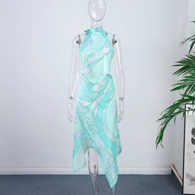 Print Backless Halter Mini Dress | High Waist Flared Hem Waist-Shaping Casual Trendy Dress Luxegan