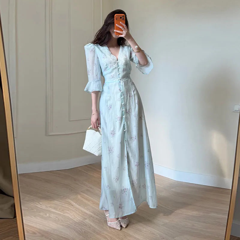 Organza Floral Printed Maxi Dress V-Neck  Puff Sleeve 2026 Spring/Summer Romantic Women Party Gown Fashion Elegant Lady Vestidos