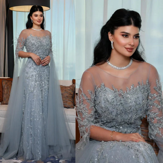 Vestido largo a medida de Jiayigong con cuentas de plumas, escote redondo, corte A, para regreso a casa, hecho a medida para ocasiones especiales, Arabia Saudita.