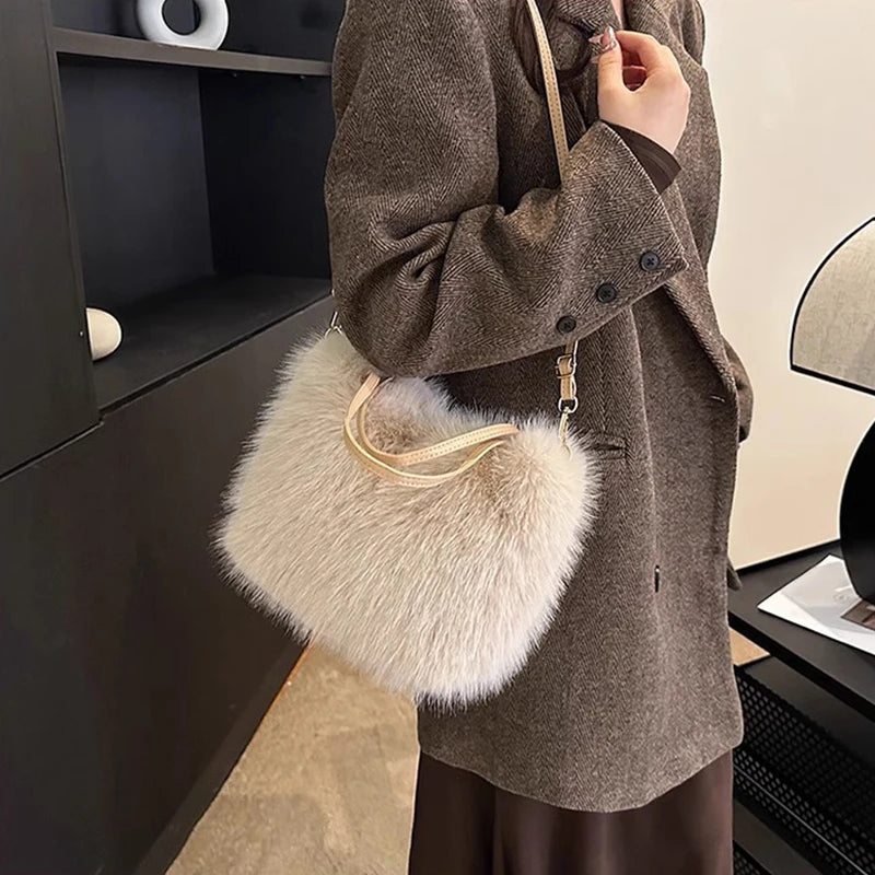 Faux Fur Tote Bag Women's | Bucket Plush Luxury Design Ladies Handbags & Soft Winter Crossbody Shoulder Bags (Bolsa Feminina) Luxegan
