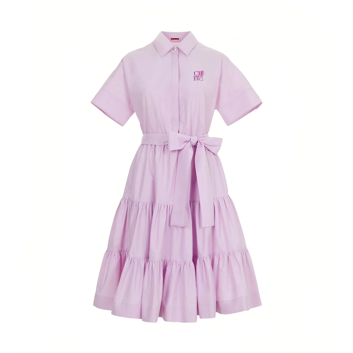 Lapel Collar Short Sleeve Bow Belt Embroidered Fringe A-Line Midi Dress | Elegant Office Lady Casual Shirt Dress Luxegan