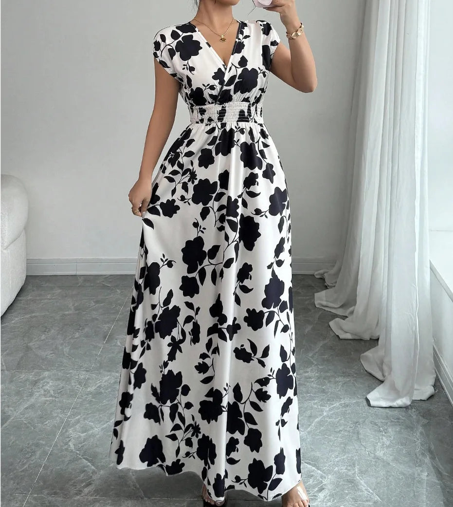 Print Casual V-Neck Short Sleeve Regular Fit Loose Knee-Length Dress – Polyester and Cotton, Natural Waist, Spring/Summer Luxegan