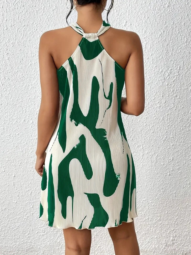 New Spring & Summer Printed Off-Shoulder Dress | Sexy Lace-Up Ribbed Knee-Length Vestidos | Hand-Painted Bohemian Slim Fit Straight Dress | Model JZ8154 Sleeveless Scarf Collar Ladies Gown Luxegan