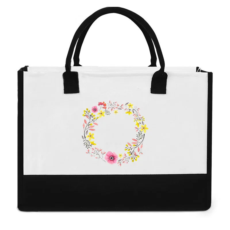 High-Quality Reusable Jute Shopping Bag | Waterproof Fashion Tote with Floral & Letter Print | Durable Cotton & Burlap Handbag for Beach, Picnics, and Grocery (Unisex) Luxegan