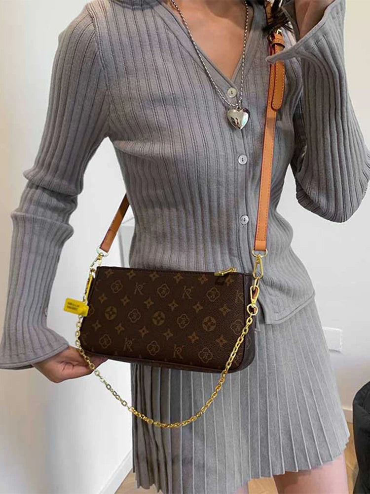 Light Luxury Designer Shoulder Bag | Classic Solid Color Plaid Crossbody | Women’s Vintage Satchel with Chain & Letter Element Luxegan