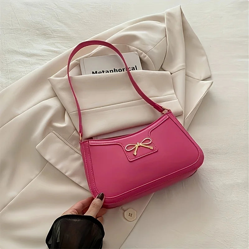 Elegant Solid Color Bowknot Shoulder Bag | Sophisticated Small Square Handbag for Women | Fashion-Forward Sequined Underarm Bag | Trendy PU Leather Casual Tote with Versatile Single Strap Luxegan