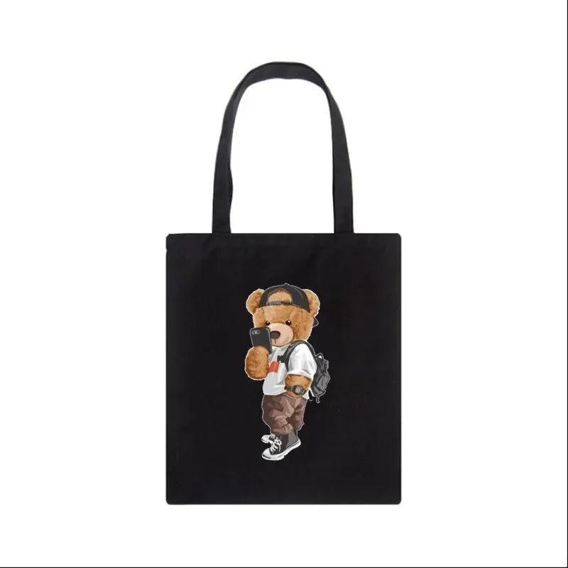 Fashion Bear Print Eco Women Shoulder Bags | Female Handbag Canvas Shopping Bag | Casual Large Ladies Travel Totes Bags Luxegan