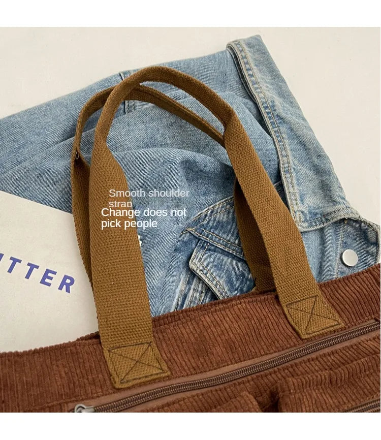 Female Large Capacity Corduroy Tote Bag | New Korean Style Fashion Women's Shoulder Crossbody Bag (Worker Commuter Handlebag)
