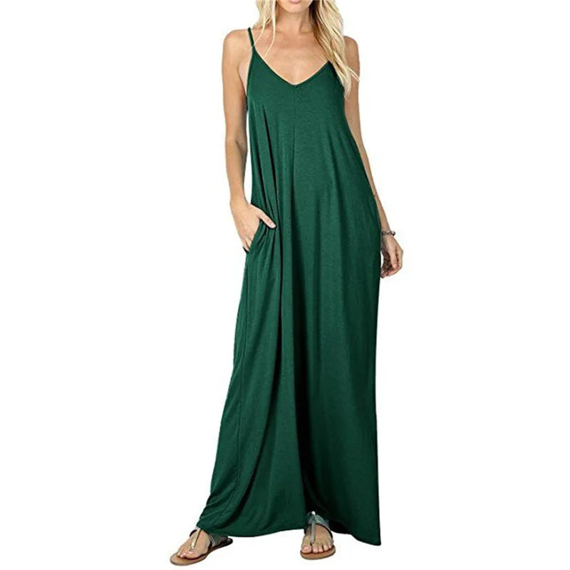 Women's New Summer Couture Line Plain Baggy Dress | Elegant V-Neck Sleeveless Tank Top Dress | Sexy Sling Spaghetti Strap Evening Gown | Premium Medium Stretch Loose Fit Straight Silhouette Floor-Length Camisole Vestido Model A2312088 Luxegan