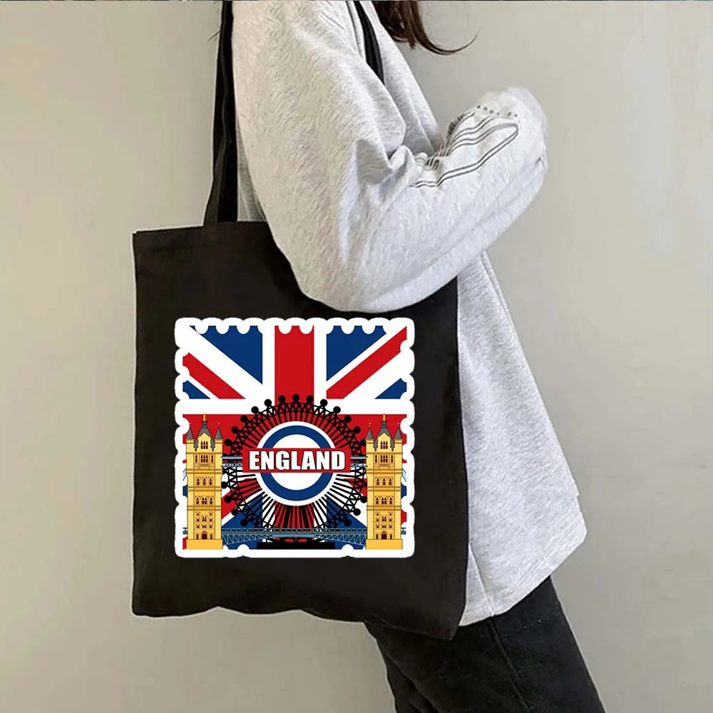 London Big Ben England Map Flag Canvas Tote Bag | UK City Landscape Skyline Shoulder Shopping Handbag (Women's Tourist Gift) Luxegan