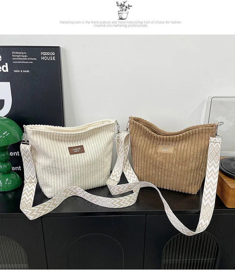 Solid Color Corduroy Messenger Bag | Casual Chic Women’s Bucket Bag | Versatile Crossbody & - view 9