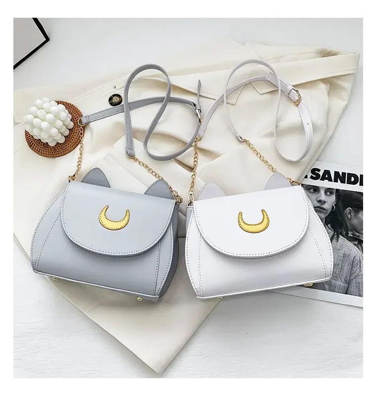 Sailor Moon Inspired Luna Cat Bag | Sophisticated PU Leather Square Shoulder Purse | Elegant Black Chain-Strap Messenger | "Dignified" Soft Crossbody for Versatile Fashion Styling Luxegan