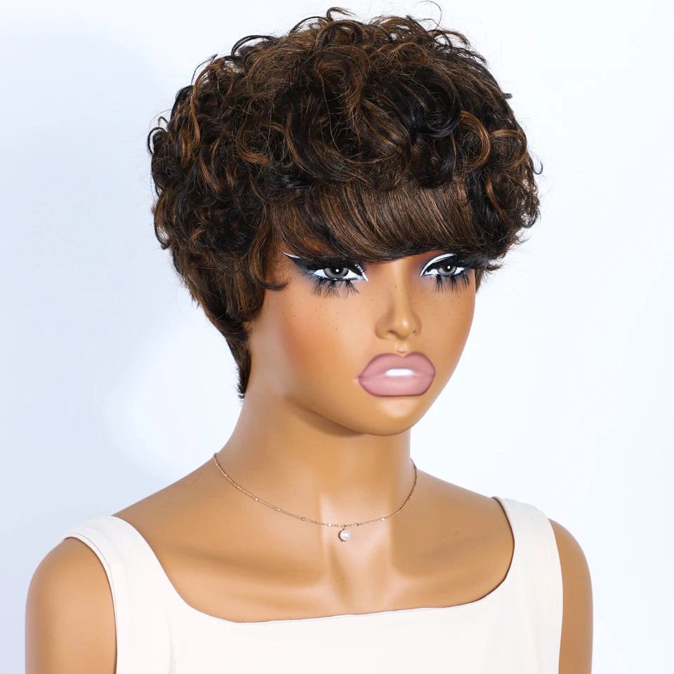 Rebecca P1B/30 Brown Pixie Cut Wig | Curly Side Part Brazilian Human Hair Luxegan