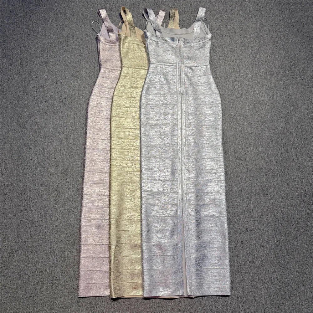 Hot Stamping Bandage Maxi Dress | Spaghetti Strap Backless Sheath Celebrity Party Dress Luxegan