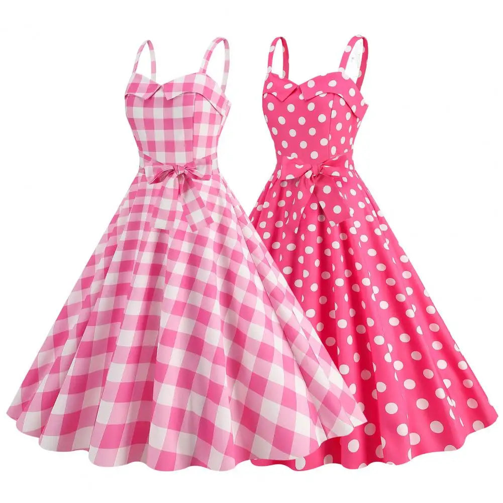 Plaid Off-the-Shoulder Square Collar Sleeveless Sash Loose Fit Ball Gown Midi Dress – Elastic Waist, Spring/Summer Luxegan
