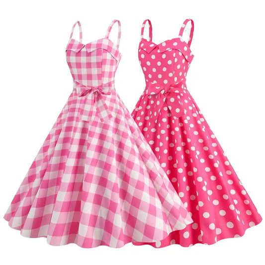 Plaid Off-the-Shoulder Square Collar Sleeveless Sash Loose Fit Ball Gown Midi Dress – Elastic Waist, Spring/Summer Luxegan