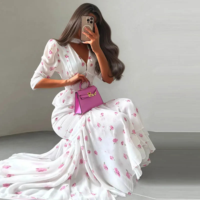 Organza Floral Printed Maxi Dress V-Neck  Puff Sleeve 2026 Spring/Summer Romantic Women Party Gown Fashion Elegant Lady Vestidos