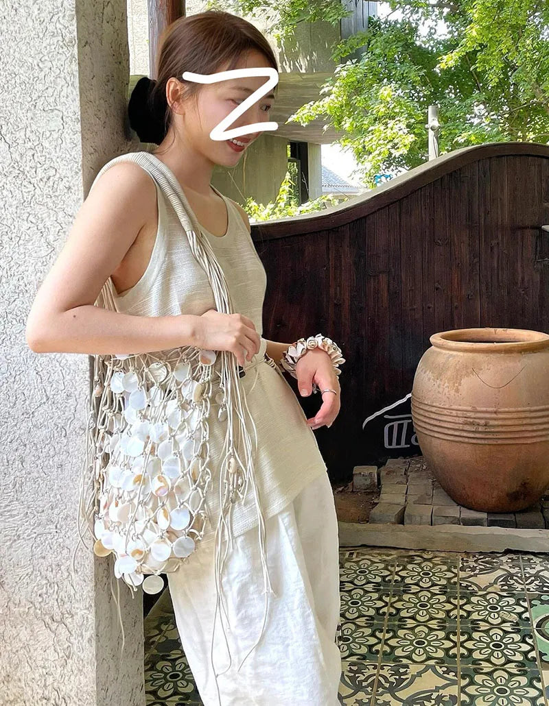 Handmade Woven Shell Bucket Bag | Sophisticated "Wooden Handle" Silhouette | Elegant Embroidery Tassel Handbag | "Dignified" High-Performance Cotton Essential for Radiant Versatile Styling Luxegan