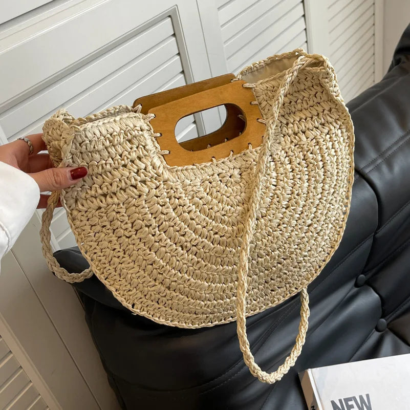 Minimalist Bohemian Half-Moon Straw Tote | Soft Rattan Beach Handbag Luxegan