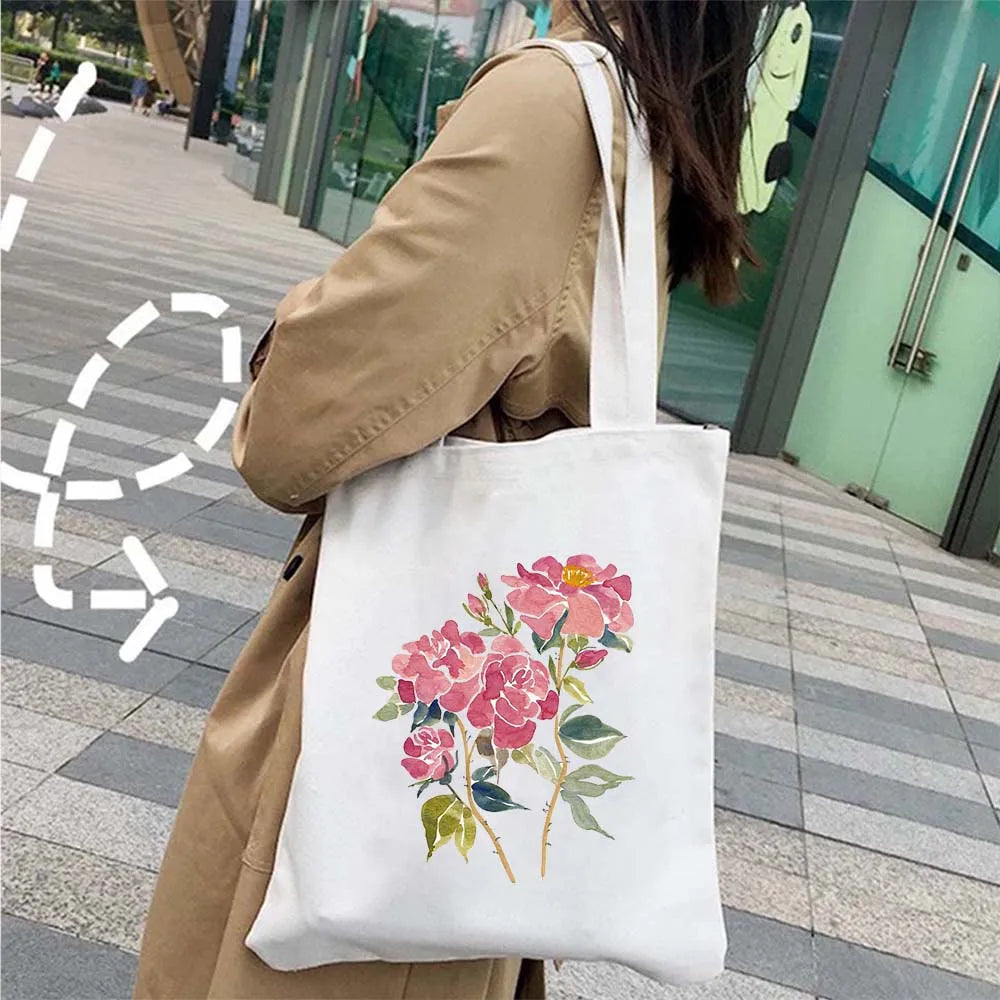 Succulove Floral Cotton Tote Bag | Large Capacity Handbag with Tulips, Hydrangeas, Sunflowers & More (Casual Shoulder Shopper, Eco-Friendly) Luxegan