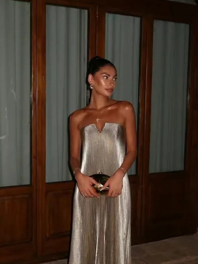 Women's Modern Metallic Strapless Prom Dress | Draped Sleeveless Straight Gala Gown | Elegant Floor-Length Evening Dress | Built-In Bra Pleated Sequin Vestido Model WZ2510221849N Luxegan