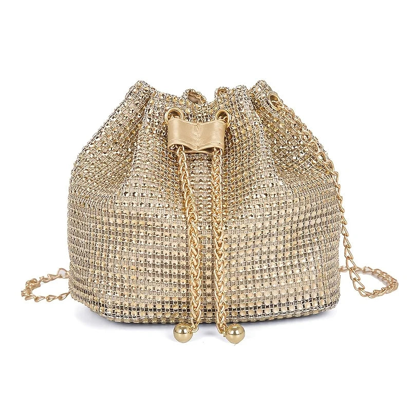 Sparkling Rhinestone Embellished Drawstring Crossbody Bag, Multi-Functional Bucket Purse, Formal Handbag for Women Daily Commute Luxegan