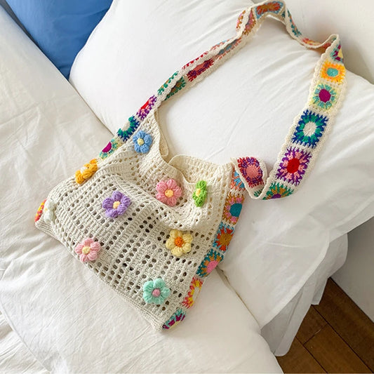 Trendy Large Capacity Boho Tote Bag | Floral Crochet Handbag & Vintage Multicolor Cut-out Knitted Shoulder Bag (Fashionable Hollow Out) Luxegan