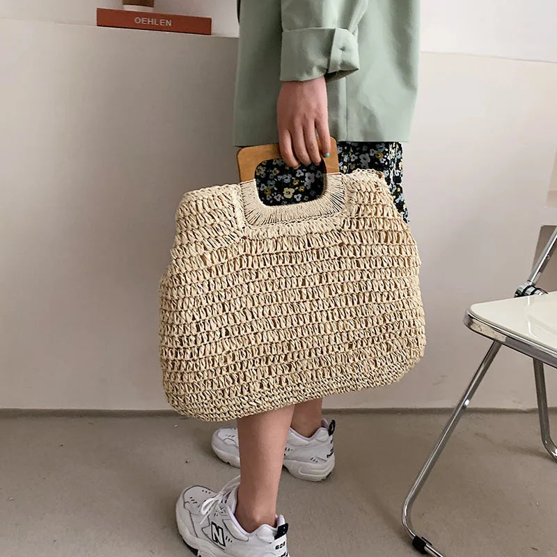 Summer Woven Straw Handbag | Wooden Handle Bag & Large Capacity Beach Tote Luxegan