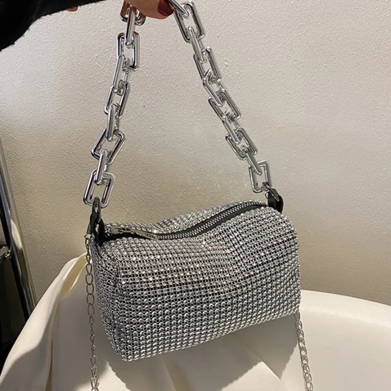 Allover Rhinestone Bucket Bag | Glitter Chain Prom Purse & Women's Mini Crossbody Bag (Sparkling Evening Handbag) Luxegan