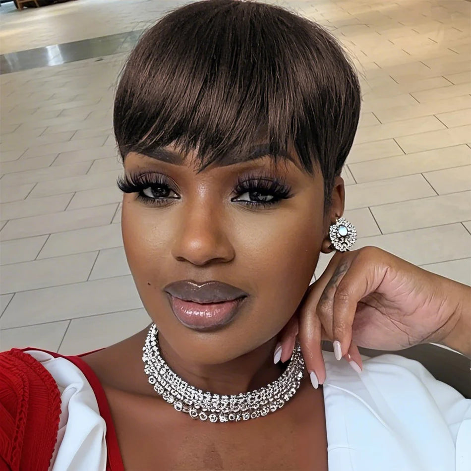 100% Human Hair Straight Short Pixie Cut Wig with Bangs | Tangle-Free Full Machine Made for Women (Natural Hairline) Luxegan