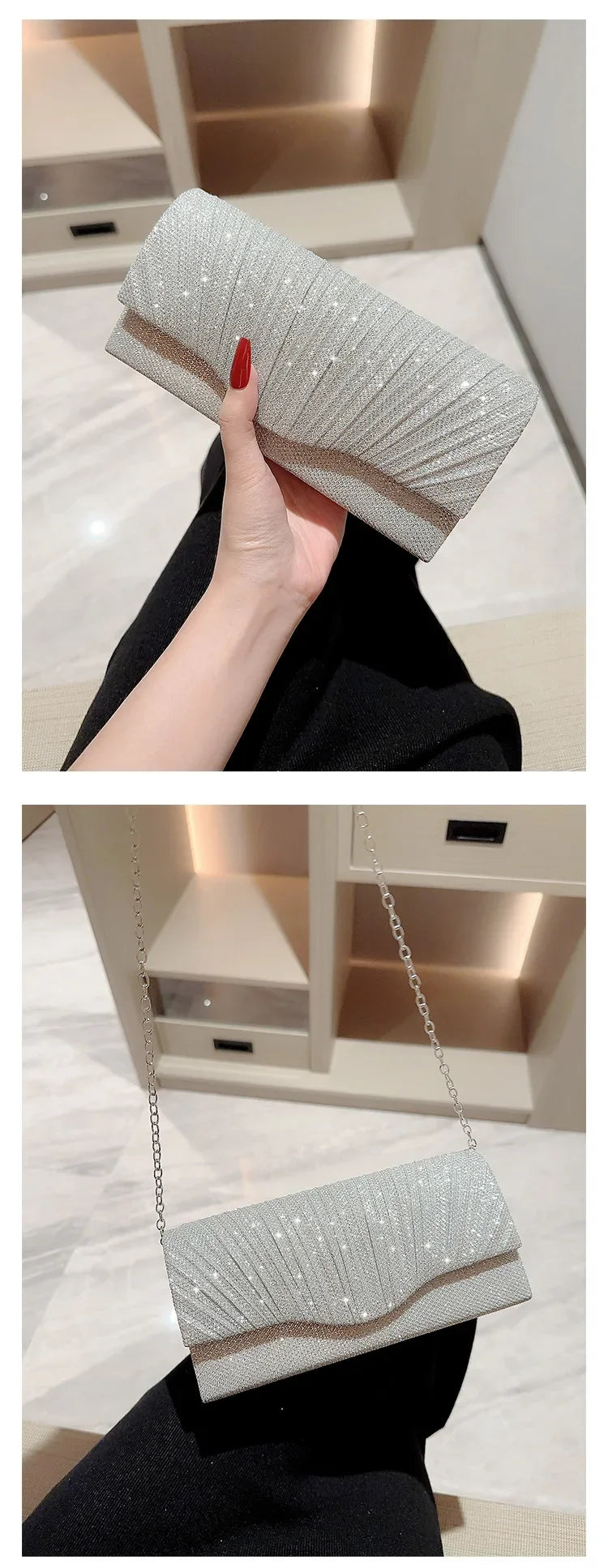 Ladies' Glitter Silver Clutch Bag | Envelope Evening Bag, Fashion Elegant Long Purse & Women's Chain Shoulder Bag (Wedding & Party Handbag) Luxegan