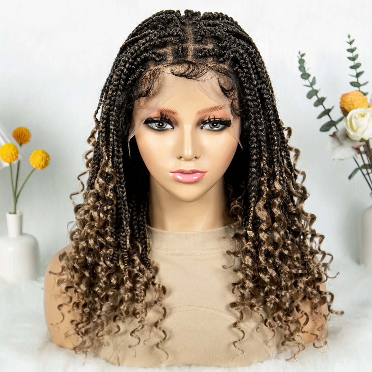16 Inch Boho Knotless Box Braided Wig | Full Lace | Curly Ends