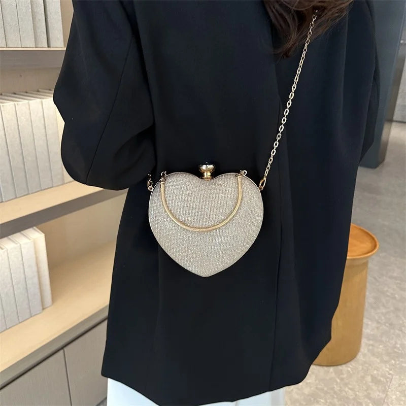 Shiny Heart Shape Metal Evening Clutch Bag for Women | Fashion Chain Shoulder Crossbody Bag (Luxury Lady Purse) Luxegan