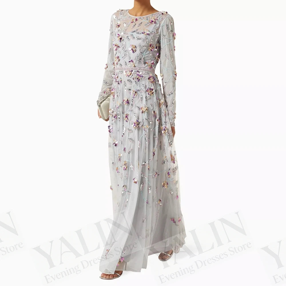 Sequined Floral A-Line Prom Dress | O-Neck Full Sleeve Ankle-Length Evening Gown Luxegan