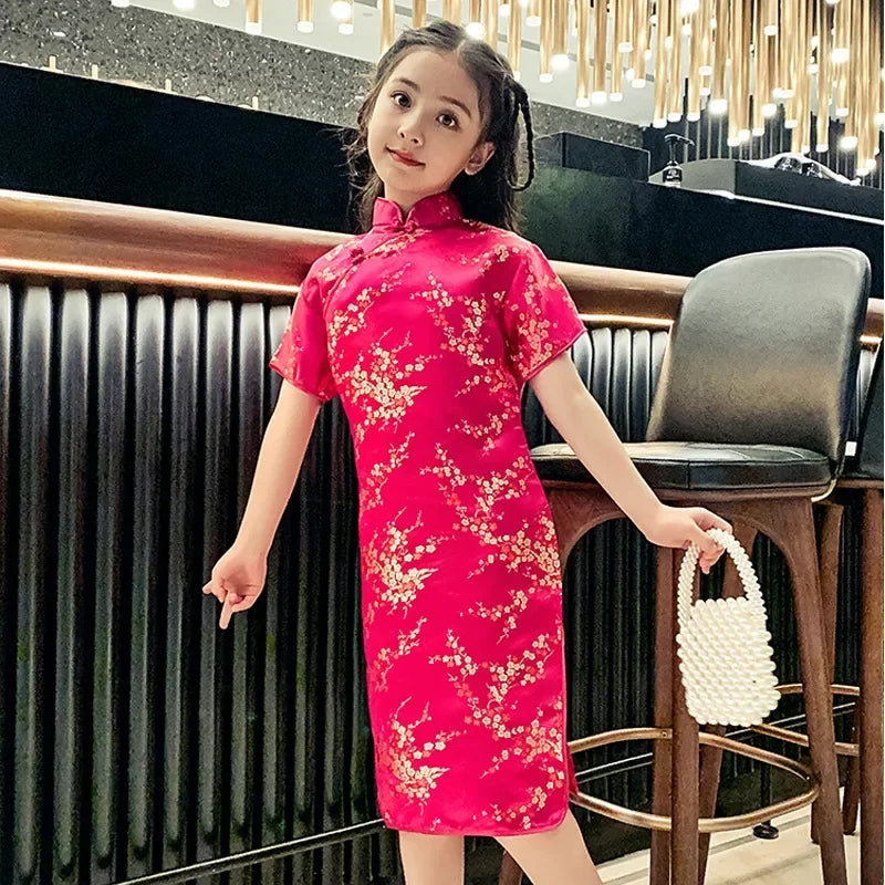 Modern Cheongsam Dress for Girls | Summer Casual Chinese Style Qipao Costume | Short-Sleeve Knee-Length Straight Silhouette Dress for Kids Luxegan