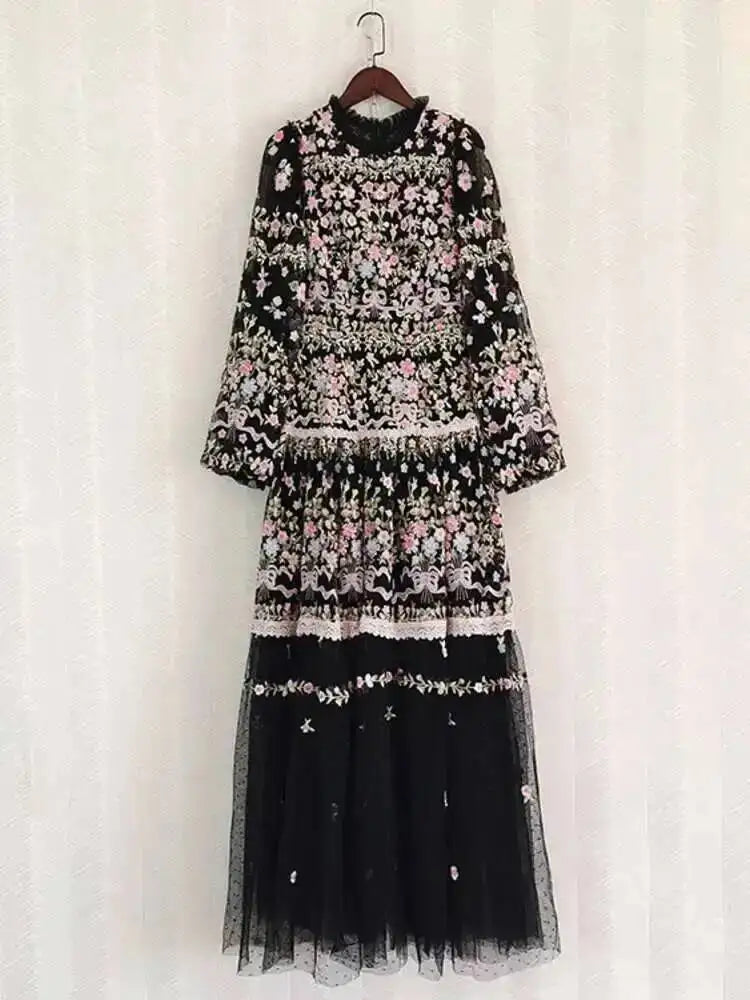 Mesh Embroidery Long Sleeve Maxi Dress | Fairycore Empire Waist Perspective Evening Gown Luxegan