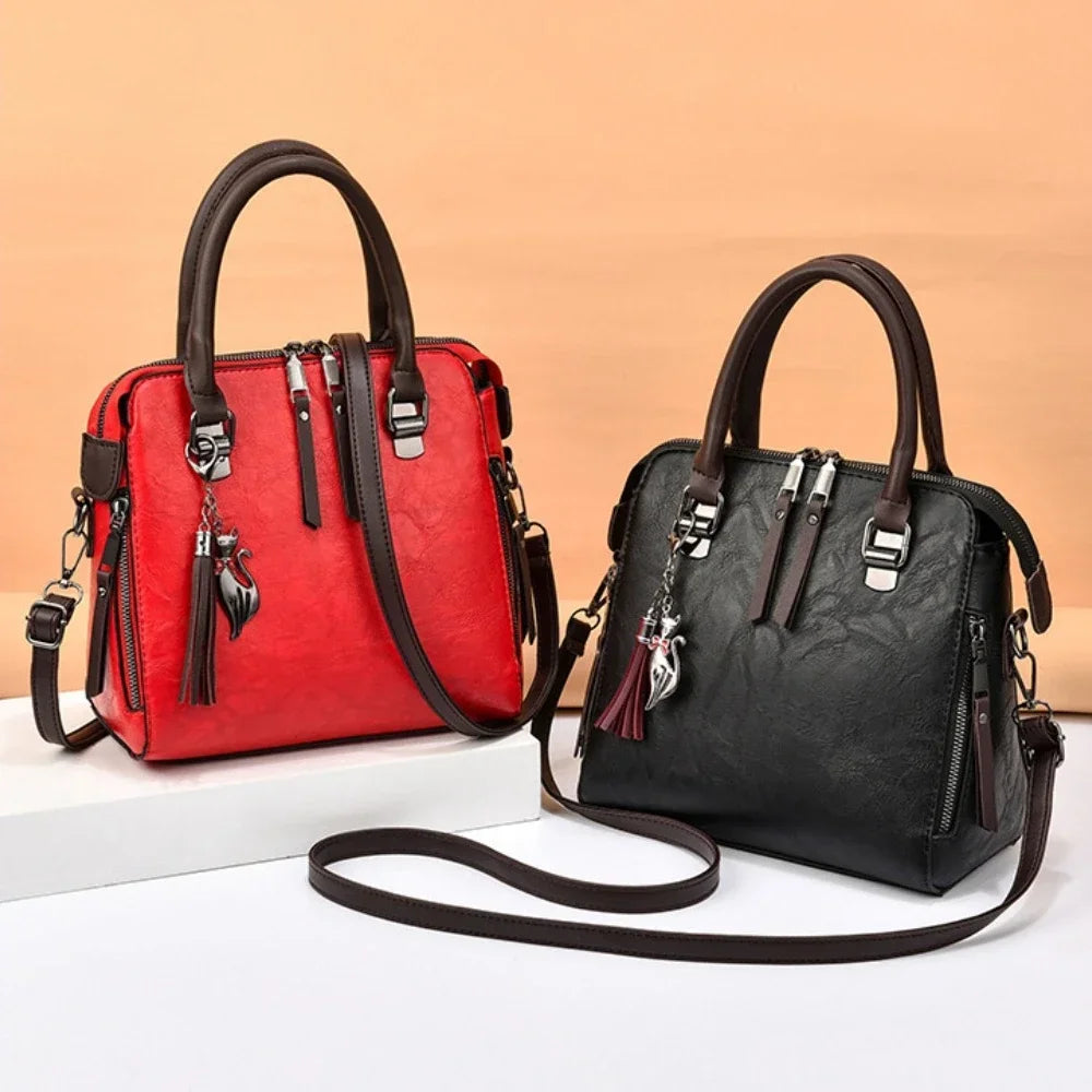 Vintage PU Leather Boston Tote | Tassel Designer Crossbody Shoulder Bag Luxegan