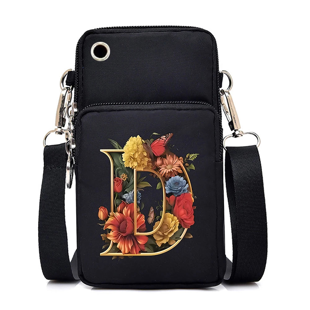Women’s Small Crossbody Mobile Phone Bag | Sophisticated Vintage Flower & Alphabet Purse | Elegant Mini Messenger with Soft Leather Strap | Fashion-Forward Cartoon Applique Shoulder Bag (Model 858) Luxegan