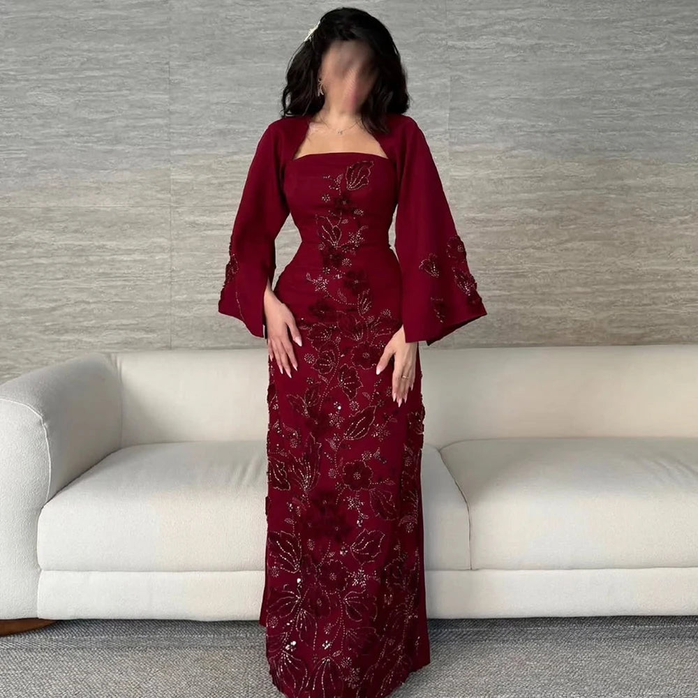 Customized Simple Burgundy Square Collar Straight Evening Dress Flower Appliques Floor Length Floor Length Party Prom Gowns