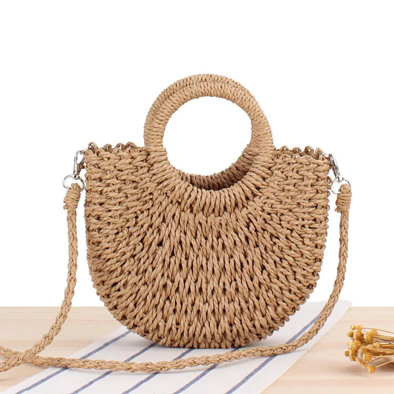 Summer Handmade Moon-Shaped Bag | Women's Woven Straw Bag & Top-Handle Tote Luxegan