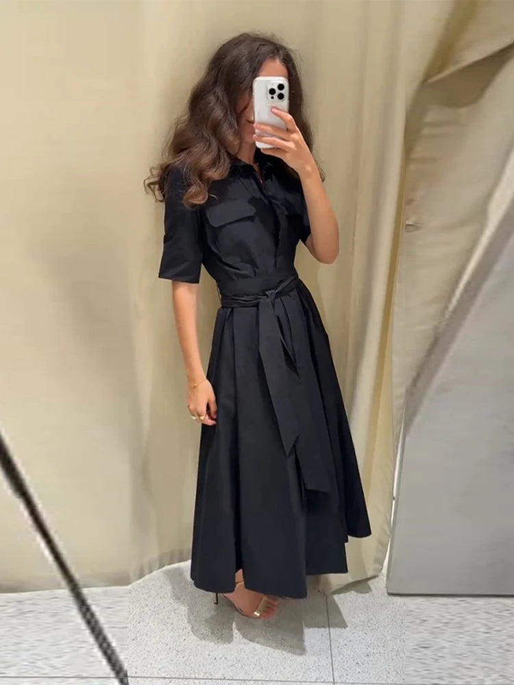 Solid Lapel Lace-Up Short Sleeve Single-Breasted Regular Fit A-Line Ankle-Length Dress – Cotton Blend, Spring/Summer Luxegan