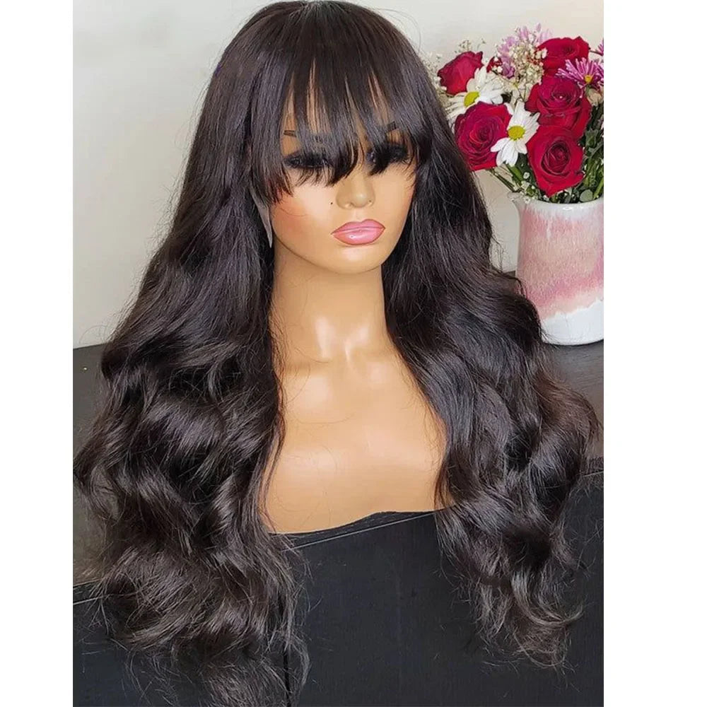 12A Grade Body Wave Human Hair Wig with Bangs | 100% Peruvian Remy Human Hair Glueless Wig | Fully Machine-Made High-Density Body Wave Wig for Women Luxegan