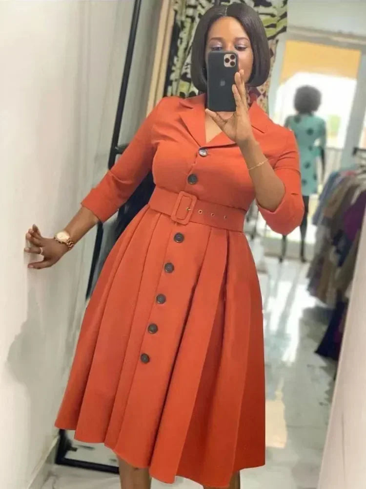 Solid Notched Lapel Long Sleeve Belted Slim Fit Fit-and-Flare Knit Mid-Calf Dress – Empire Waist, All Season Luxegan