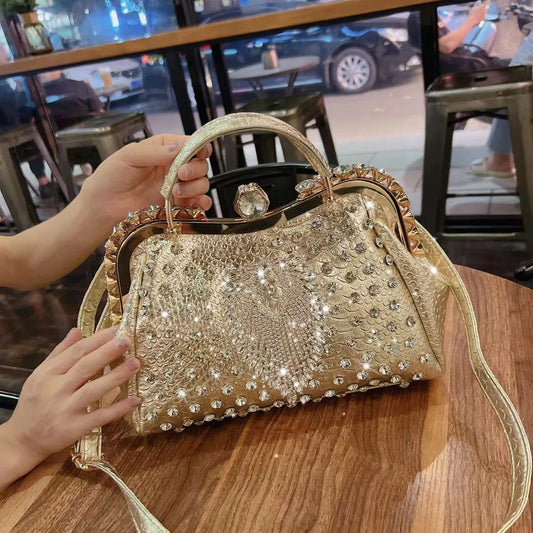 New Luxury Diamond Rhinestone Handbag | Premium Genuine Leather Dumpling Bag | Large Portable Tote with Glittering Clip | Designer Rhinestone Shoulder & Messenger Bag for Women Luxegan