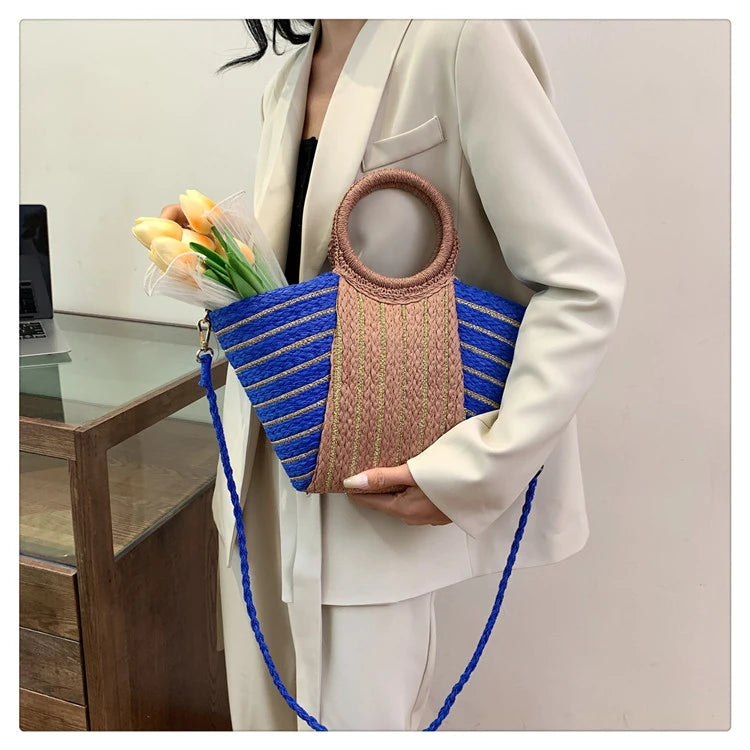 Large Capacity Straw Braid Handbag | Fashion Color-Matching Striped Shoulder Bag | Designer Style Casual Tote & Versatile Summer Beach Bag for Women Luxegan
