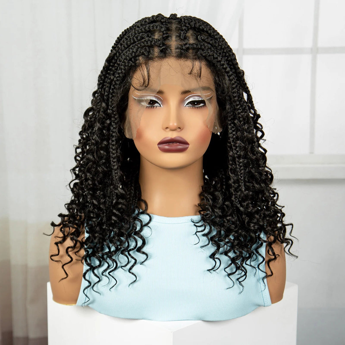 Full Lace Braided Lace Wigs Synthetic Knotless Box Braided Lace Wig with Curly Ends for Black Women Kinky Curly Braided Bob Wig Luxegan