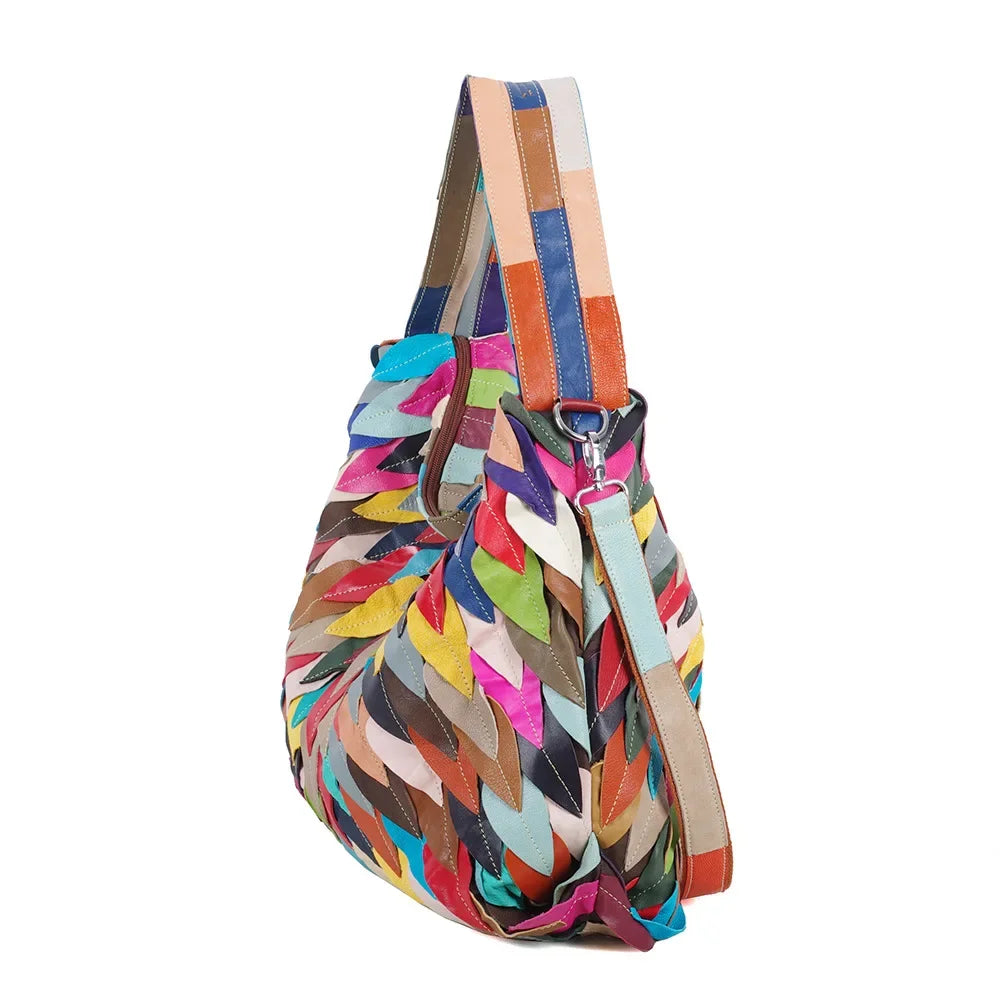 Genuine Sheepskin Leather Handbag | Colorful Contrast Maple Leaf Designer Purse | Ultra-Soft Premium Leather Hobo & Crossbody Shoulder Bag for Women Luxegan